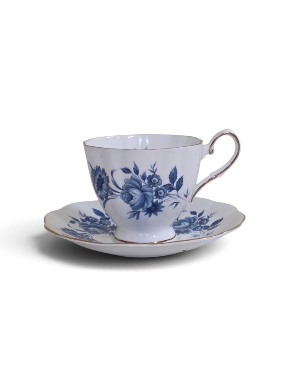 Vintage Sandringham English Bone China Teacup & Saucer Set Blue Roses Gold Trim